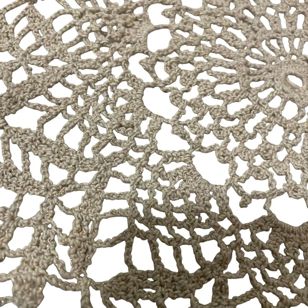 Vintage Handmade Crochet‎ Lace Doily Beige Gold Metallic Shimmer Round 12.5 Inch